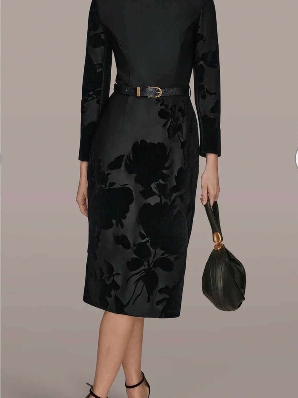 Donna Karan Black Floral Devore Long-Sleeve Sheath Dress